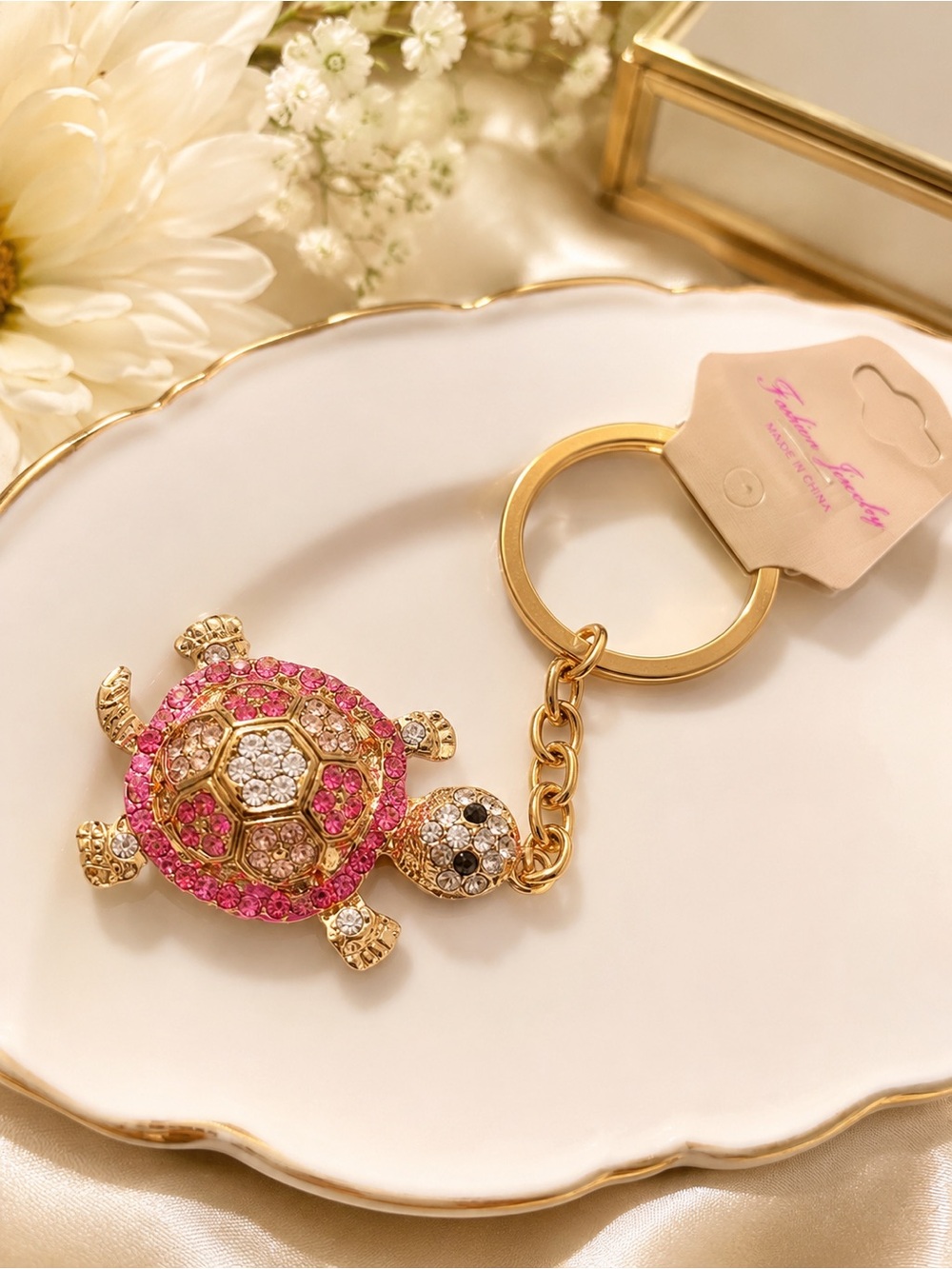 Gold-Tone Pink Crystal Turtle Key or card Holder Charm